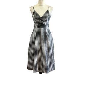 Oao Oro Babydoll Midi Dress Sz 2 Black White Gingham Check Pleated Empire Waist